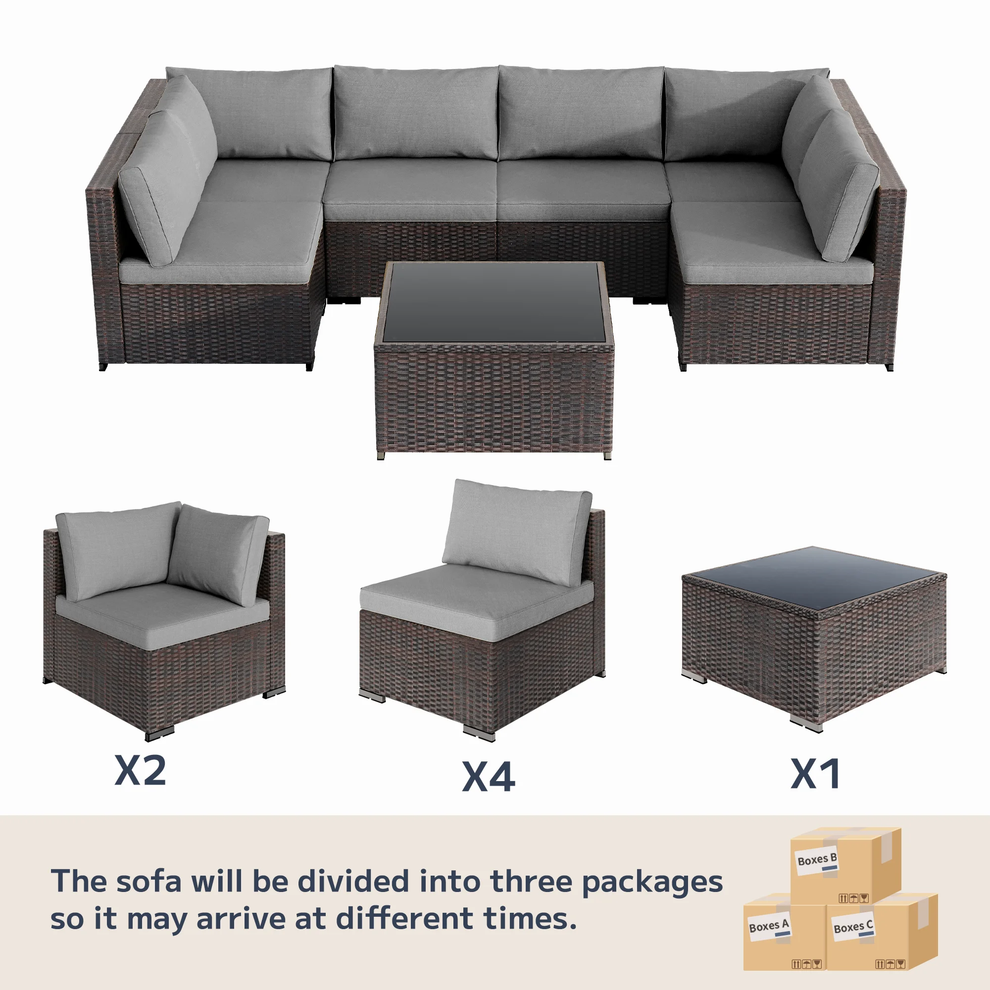 Patio Furniture Set, Lofka 7 Piece Outdoor Sectional Furniture Chair Set with Cushions and Coffee Table, Gray