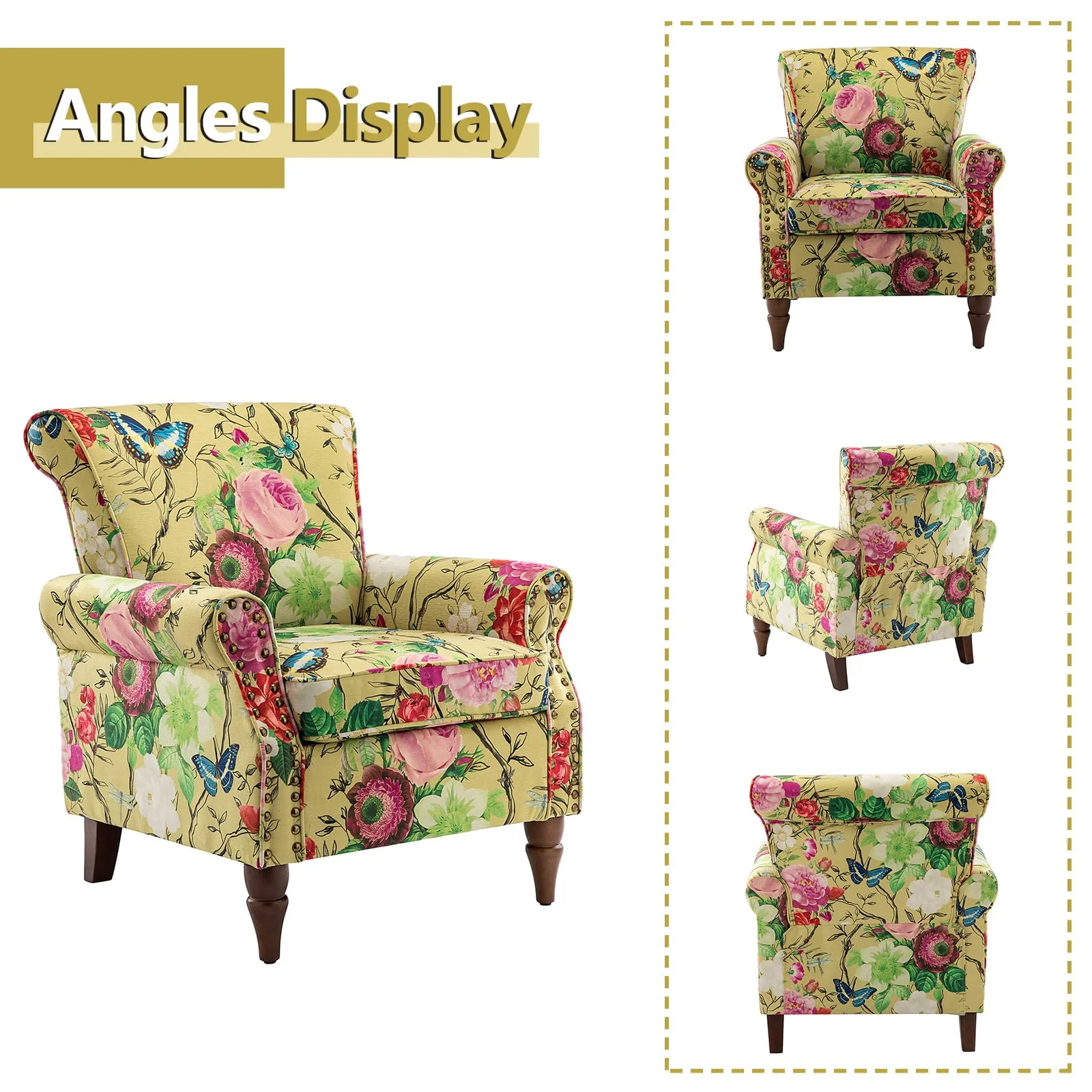 14 Karat Home Wingback Accent Chair Removable Cushion Floral Upholstered Sofa Armchair Couch Wood Legs Nailhead Trim Mustard