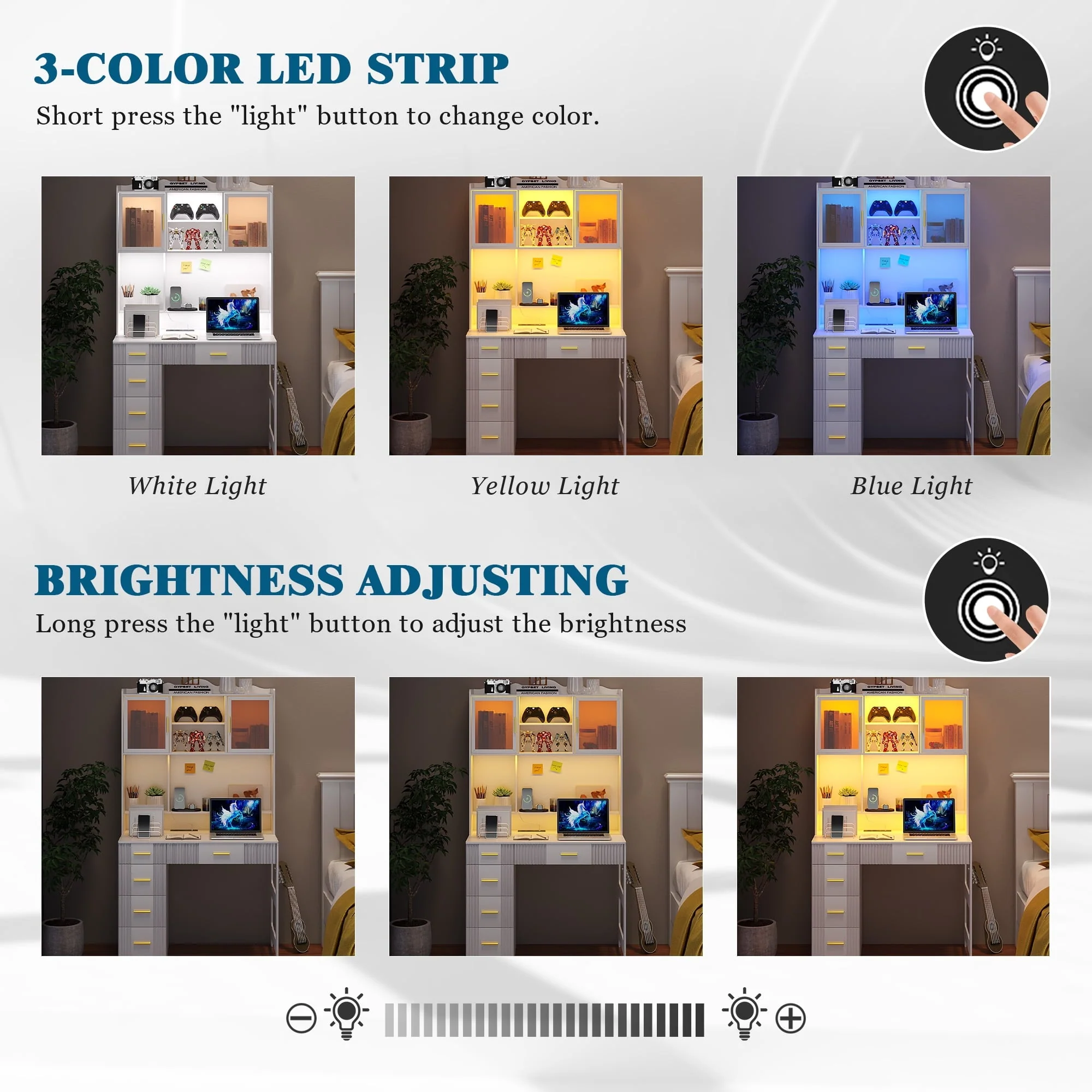 HNEBC LED Study Desk with Hutch and Drawer, Home Office Desk with Outlet, Computer Desk with Charging Station, Writing Desk for Bedroom, Workstation for Small Space